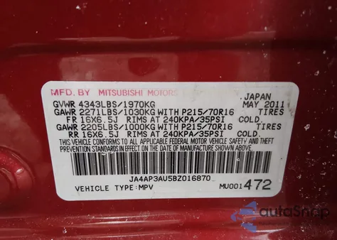 2011 Mitsubishi Outlander Sport Es z USA, uszkodzony, nr VIN JA4AP3AU5BZ016870